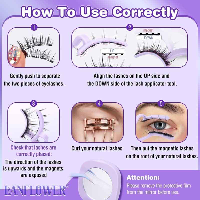 Lanflower Magnetic Eyelashes with Applicator, Mangetic Eyelashes Natural Look, Wispy