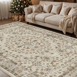 DEXI Living Room Area Rug 4x6,Washable Rugs Carpet,Non Slip Beige Brown Floral Boho Floor Mat for Bedroom Bedside Farmhouse
