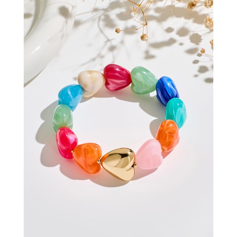 FAUTHENTICUTE Colorful Heart Bead Bracelet for Women with Chunky Gold