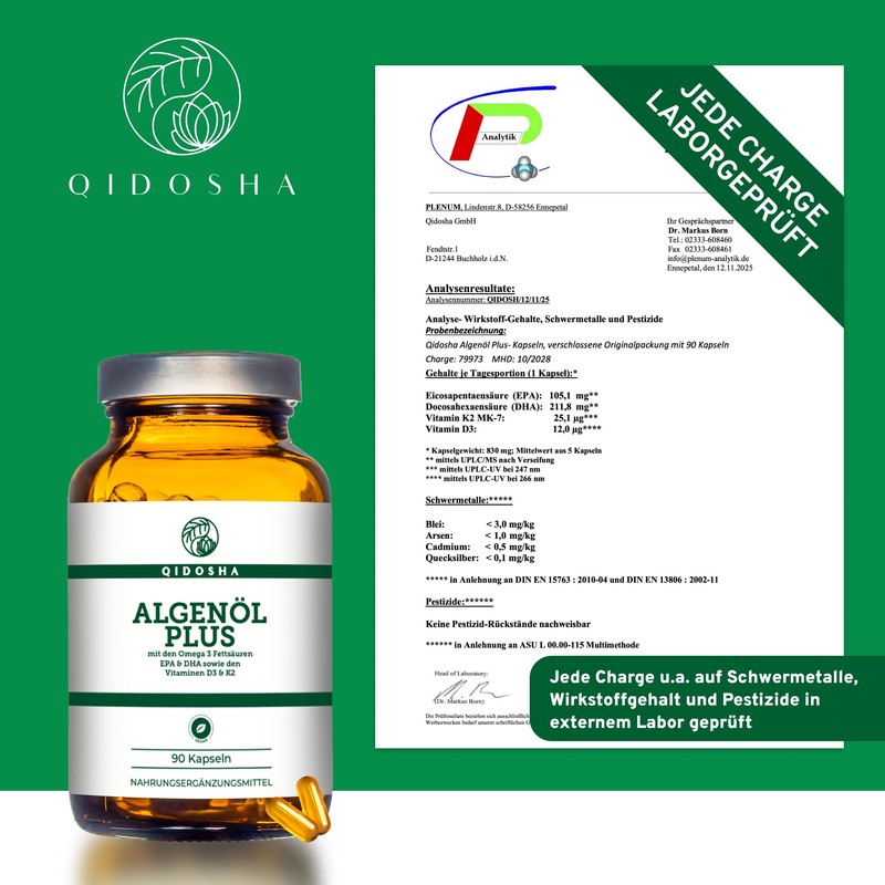 QIDOSHA Omega 3 Algae Oil Capsules Plus Vitamin D3 and