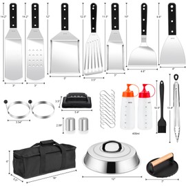 Leonyo Griddle Accessories Kit, 29PCS Flat Top Grill Accessories, 18/10 Stainless Steel Grill Spatula Set with Griddle Scraper, Basting Cover, Burger Press, Hibachi Accessories for Outdoor BBQ
