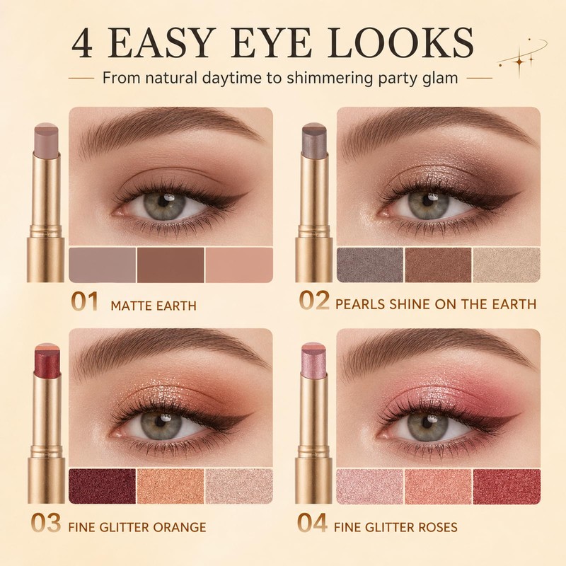 4 Pack Eyeshadow Stick Set,3 Color Gradient Shimmer Multi Color