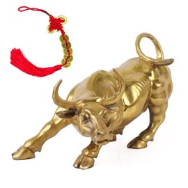 ThinkThings Wall Street Bull Statue - Feng Shui Decor, Brass Bull Sculpture for Office and Home | Stock Market Gifts,with Lucky Chinese knot String Copper Coin Decoration, without Tray (4.72")
