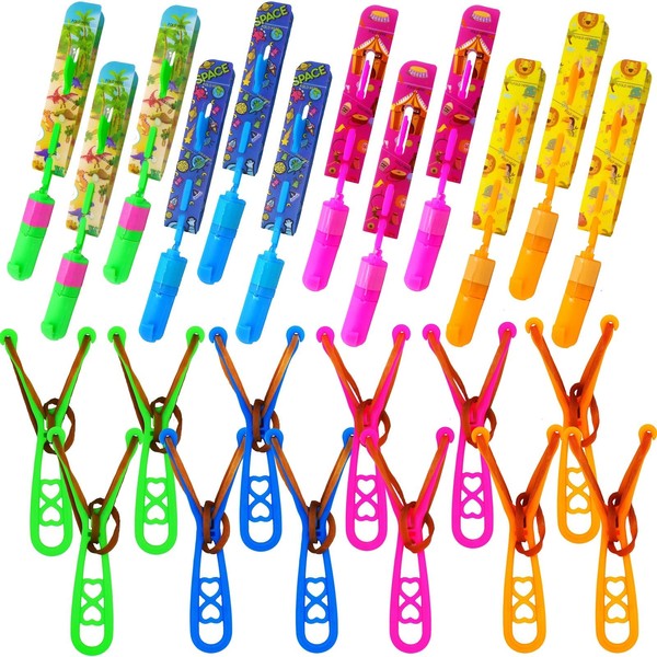 JX Rocket Slingshot Flying Toys with Led Lights,12Pcs LED Arrow Helicopters + 12Pcs Launchers,Summer Outdoor Game LED Slingshot Toy for Kids, Glow in The Dark Kids Party Supplies