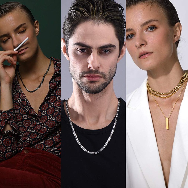 PROSTEEL Black Layered Necklace Round Link Chain Men Jewelry Minimalist