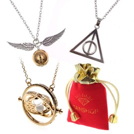 TANSHOP Friendship Necklace Set - 3 Pieces Cosplay Pendant Necklaces Deathly Hallows Golden Snitch and Roating Time Turner Necklace with White San for Cosplay, Metal