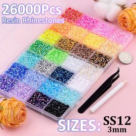 26000Pcs Resin Rhinestones with Tweezers for Crafting, Mixed-Color 3mm Bedazzling Crystal with 3Pcs 10ml B7000 Jewelry Glue for DIY Crafts Clothing Tumblers Shoes Fabric Nail Art