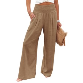 Angerella Women's Elastic High Waisted Wide Leg Palazzo Pants Spring Summer Loose Pants Casual Daily Work Trousers Pants Camel S