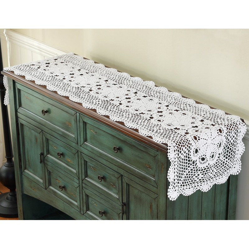 gracebuy White 15x51 Inch Rectangle HANDMADE Cotton Crochet Lace Tablecloth
