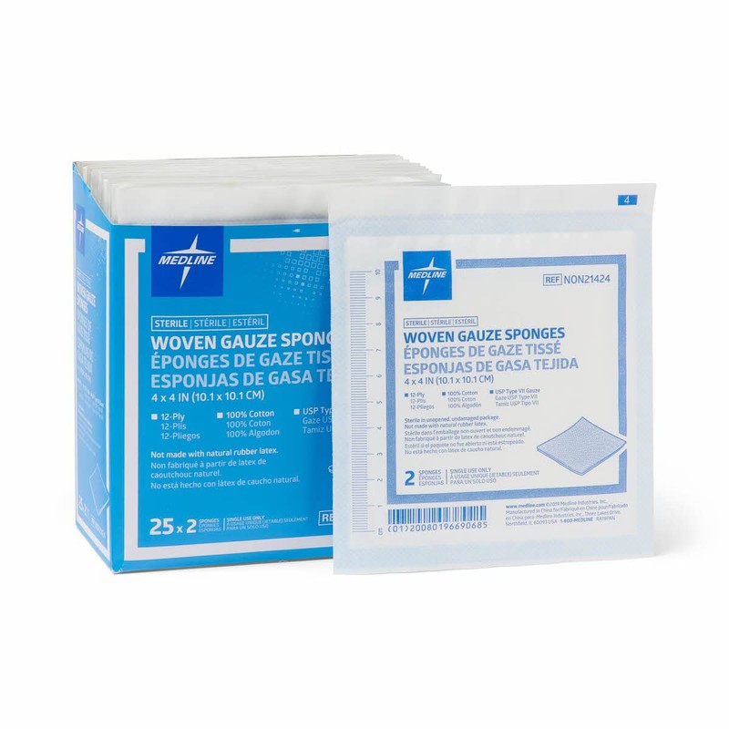 Medline Woven Gauze Sponges, Sterile, 12-Ply, 4 x 4 Inches,