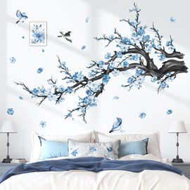 decalmile Blue Flower Branch Wall Decals Watercolor Blossom Floral Tree Branches Wall Stickers Living Room Bedroom Sofa TV Background Wall Decor