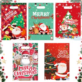 50pcs Christmas Party Bags for Girls Boys,Children Goodie Bags,Little Xmas Bag Candy Treat Bags Loot Bag with Handle,Plastic Small Return Gift Bags for Kids Birthday Christmas Party Fillers Bags