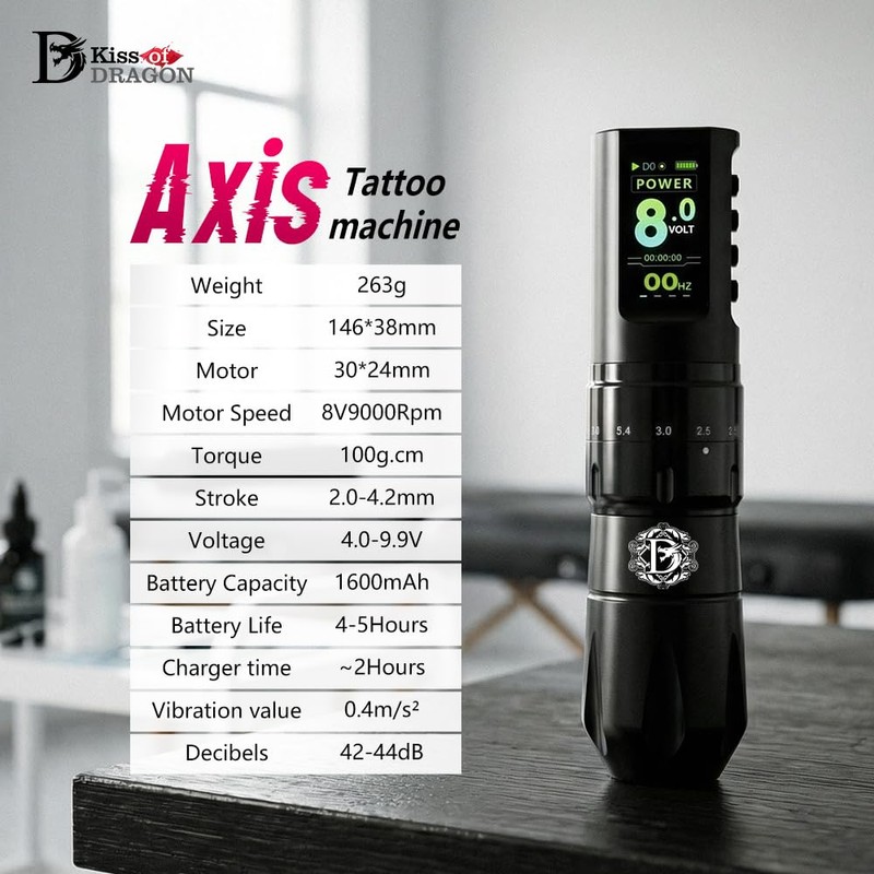 Tattoo Kit: Cordless Tattoo Gun with Adjustable Stroke, 38mm Grip