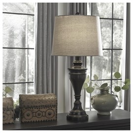 Signature Design by Ashley Darlita Traditional UL Listed Table Lamp with Fabric Hardback Shade and Pedestal Base, 3-Way Switch, Metal, 28.5" High, Bronze