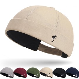 Cotton Docker Cap Sailor Hat Harbour Hat Original Docker Hat Men's Summer Brimless Hat Headwear Sailor Cap Men's Adjustable Cap Without Visor Retro Brimless Hat Rolled Cuff Fishing Hat, 2- Beige, 58