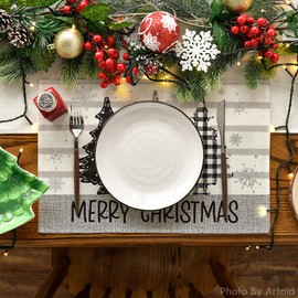 Artoid Mode Stripes Pine Trees Snowflake Merry Christmas Placemats Set of 4, 12x18 Inch Winter Xmas Table Mats for Party Kitchen Dining Decoration