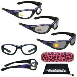 Bikershades Motorcycle Transitional Riding Glasses Womens Purple Frame Rhinestones Day Night Light Adjusting Photochromic