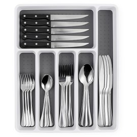 49 Piece Silverware Set with Organizer - Stainless Steel Cutlery Set for 8, kitchen Utensil Flatware with Steak Knives, Spoons and Forks, Dishwasher Safe, Rust-proof & Mirror Polished
