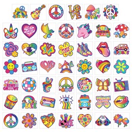 Qpout 96pcs Glow In The Dark Hippie Tattoos Stickers Groovy 70s 80s 90s Temporary Tattoos for Kids,Waterproof Love and Peace Sign Luminous Face Tattoos Flower Power Rainbow Hippie Theme Party