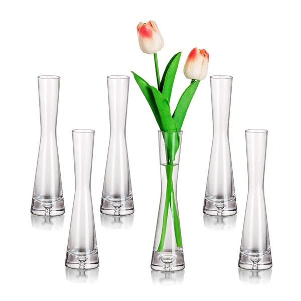 Glass Flower Vases for Centerpieces, Set of 6 Glasseam 9.65" Tall Skinny Vase, Modern Clear Small Decorative Vase Minimalist Handmade Slim Aesthetic Wedding Table Decor for Single Rose Pampas Grass