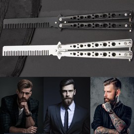 Tomuvpzn Butterfly Comb, 2 PCS Stainless Steel Folding Practice Hair Styling Tools, Training Accessories, Black+White