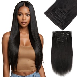 Yuniffe Yaki Straight Clip in Hair Extensions for Black Women Real Human Hair Extensions Clip ins #1B Natural Black Double Weft Remy Yaki Hair Clip ins Extensions 22 Inch 7Pcs 120g