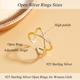 Loutade Adjustable Silver Rings for Women, 925 Stering Silver Simple Open Rings, Gold Adjustable Ringe in X-Form, Minimalist Gold Open Finger Rings Band Rings Pinky Thumb Rings with Gift Box