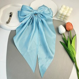Light Blue Satin Hair Bow Barrette, Large French Metal Bowknot Hairpin with Long Tails, Hair Accessory