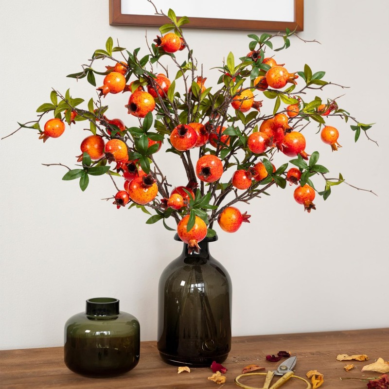 Artificial Pomegranate Branches,4Pcs Faux Fruit Stems for Home Decor,31.5IN
