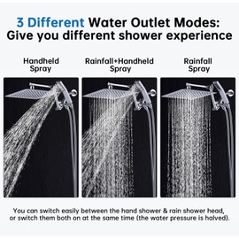 G-Promise All Metal 10 Inches Rainfall Shower Head with Handheld Spray Combo, 3 Settings Diverter, Adjustable Extension Arm with Lock Joints, 71 Inches Stainless Steel Hose (Chrome)