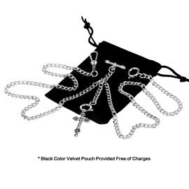 TREEWETO Men's Double Albert Chain Pocket Watch Curb Link Key Chain 3 Hooks with Antique Cross Silver Pendant Design Charm Fob T Bar