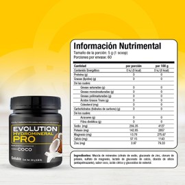 EVOLUTION, Electrolitos, Bebida Hidratante en Polvo, Hydromineral Pro, 5 Electrolitos, Sugar Free, Zero Carb, Sabor Coco, 60 Porciones, 300 g