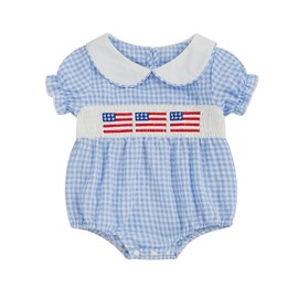 Baby Girl 4th of July Outfit American Flag Embroidery Bubble Romper Plaid Smocked Jumpsuit Cute Summer Clothes (Blue Flag 1#, 18-24 Months)