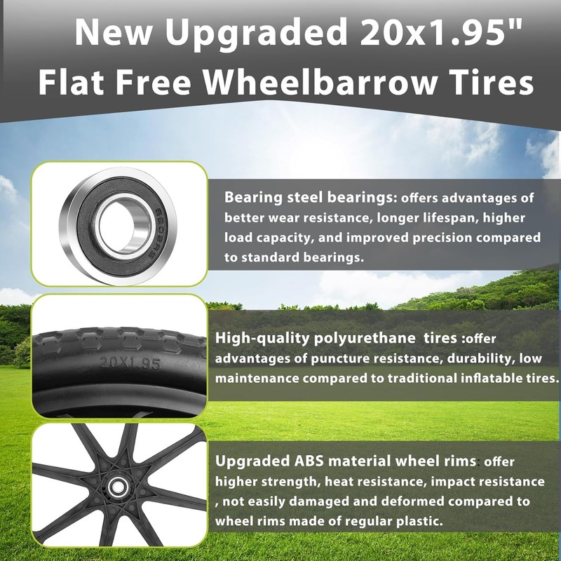 Upgraded 20" Flat Free Wheels Compatible with rubbermaid Wheelbarrow Tires,