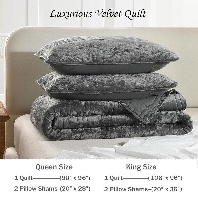 AJOCCI Velvet Quilt Set, Grey Velvet Quilt King Size Comforter