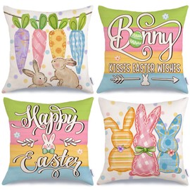 GEEORY Happy Easter Bunny Kisses Easter Wishes Throw Pillow Covers 18x18 Inch Set of 4, Stripes Spring Decorative Farmhouse Holiday Cushion Case for Home Decoration (Rainbow Carrots) G681-18