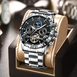 Automatic Watches for Men, Men's Mechanical Tourbillon Watch Multifunction 24 Hour Date Day Rotating Flywheel Waterproof Watches for Men (Silver Green)