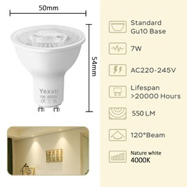 Yexati LED GU10,550 Lumens, 7W (Equivalent to 50w Led Halogens), Nature White 4000K, Non-Dimmable, Pack of 10