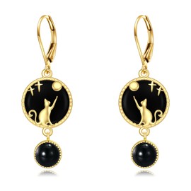 Black Onyx Cat Earrings Sterling Silver Cat Earrings 18K Gold-Plated Cat Leverback Drop Earrings Jewellery Gifts for Women, 18 carat gold plated, Pearl