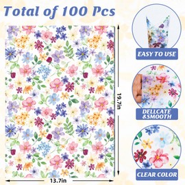 100 Sheets Watercolor Wildflower Tissue Paper Vintage Wildflower Gift Wrapping Paper Floral Printed DIY Art Craft Paper for Wedding Bridal Shower Birthday Party Favors, 20 x 14 Inch