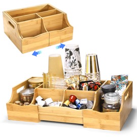 WRINGKIT Coffee Station Organizer for Countertop, Bamboo Coffee Bar Condiment Organizer, Extendable Tea Condiment Storage for Bar Decor, Kitchen, Office, 7 Compartment
