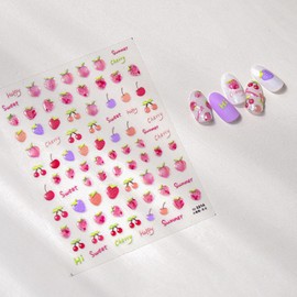 Strawberry Nail Art Stickers 5D Embossed Cherry Nail Decals Self Adhesive Pink Cute Nail Art Design Accessories Summer Sweet Fruit Acrylic Nail Stickers Nail Art Supplies for Women Girls DIY Manicure