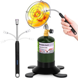 Portable Propane Heater for Camping Outdoor, Space Patio Heater with Control Valve Cordless, Windproof USB Lighter, 1lb Small Propane Foldable Gas Tank Holder for Ice Fishing Hunting Tent Backyard Use