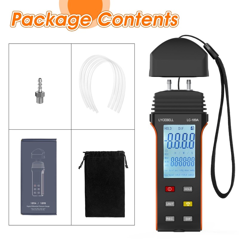 LC-189A Manometer, Digital Air Pressure Meter, Differential Pressure Gauge, HVAC