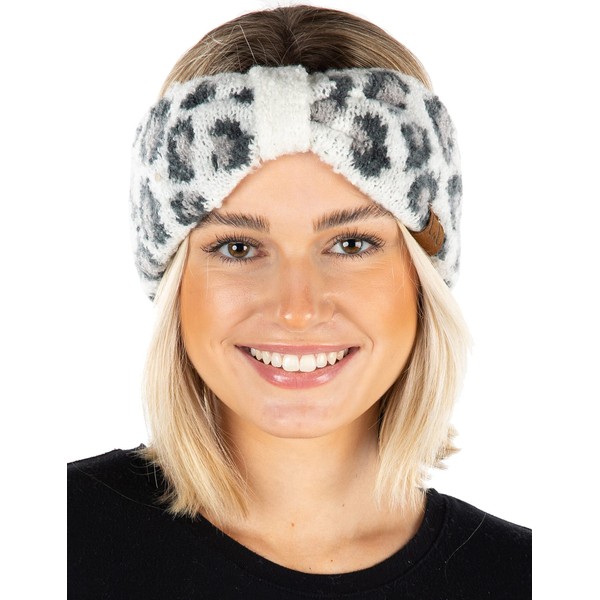 Funky Junque Ear Warmer Bow Turban Style Headband Headwrap - Leopard Ivory