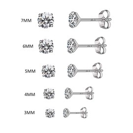 5 Pairs 925 Silver Stud Earrings Set Diamond Girls Stud Earrings Men in 3, 4, 5, 6, 7 mm for Men and Women, Sterling Silver, Created Cubic Zirconia Diamond