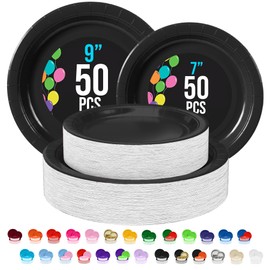 Exquisite Black Paper Plates Disposable Heavy Duty 100 Pcs Plates Set 50-7" & 50-9" Black Disposable Plates For Party Heavy Duty Paper Plate 350 GSM Birthday Party Supplies Plate Set