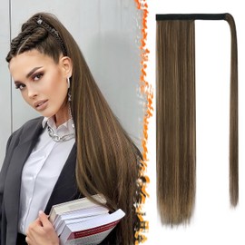 BARSDAR Wrap Around Straight Ponytail Extensions - 26 Inch Long Straight Ponytails for Women, Clip in Ponytail Hair Extensions Synthetic Pony Tails Hairpieces - Chocolate Brown with Highlights