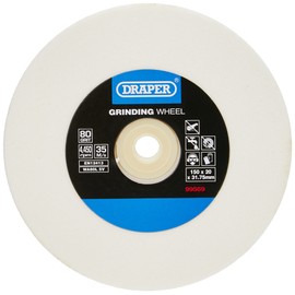 Draper 150 x 20mm Aluminium Oxide Bench Grinding Wheel | 80 Grit HSS Tools Sharpener | 5 Reduction Rings | Dry Cutting | 31.75mm Bore | 99569