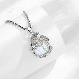 Vito Moonstone Tree of Life Necklace for Women Men, Silver Plated Copper Teardrop Moonstone Crystal Tree Necklace Protection Energy Amulet Jewelry Gift for Mom Wife, 20+2"